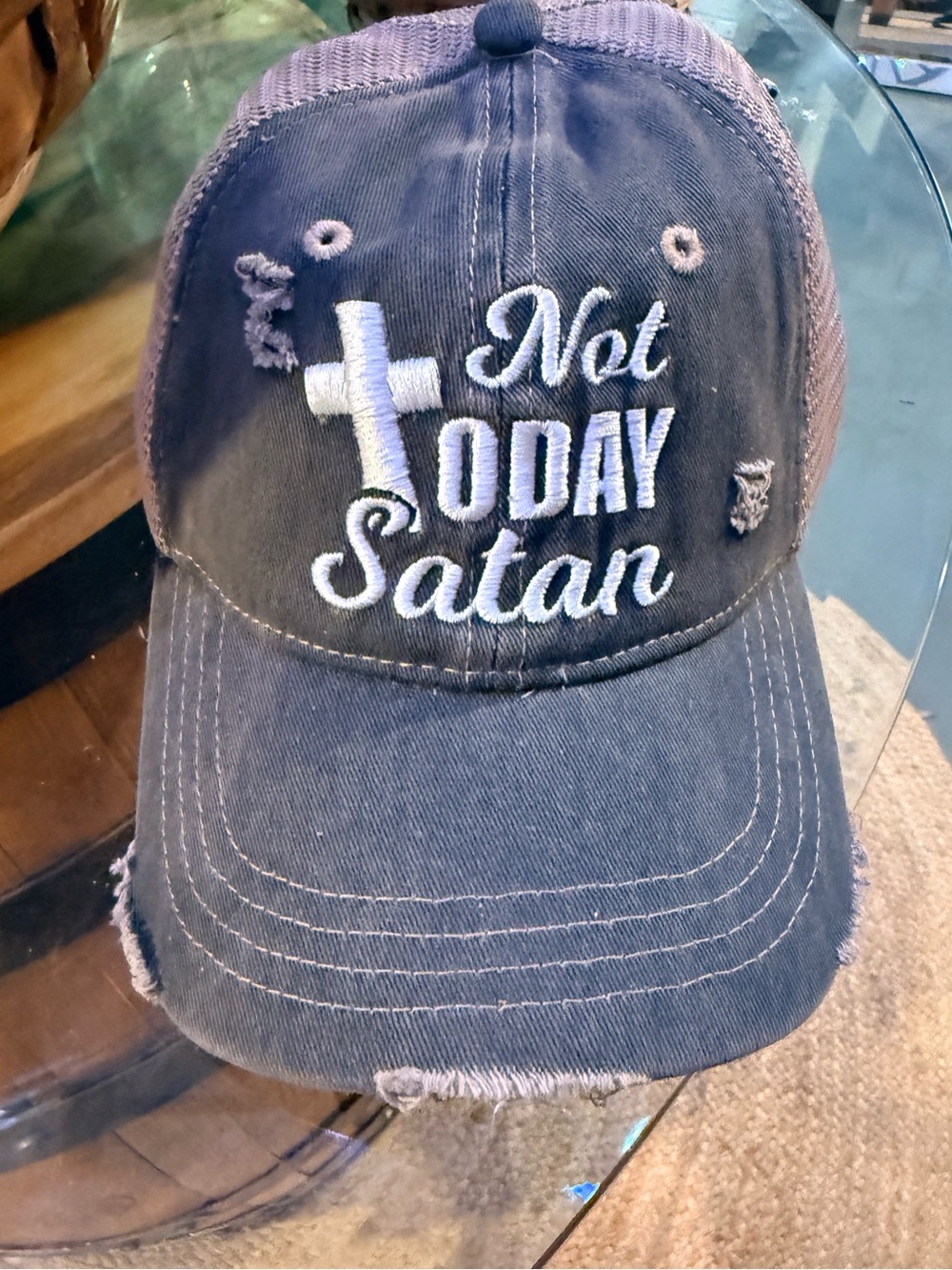 Distressed Navy 'Not Today Satan' Embroidered Baseball Cap